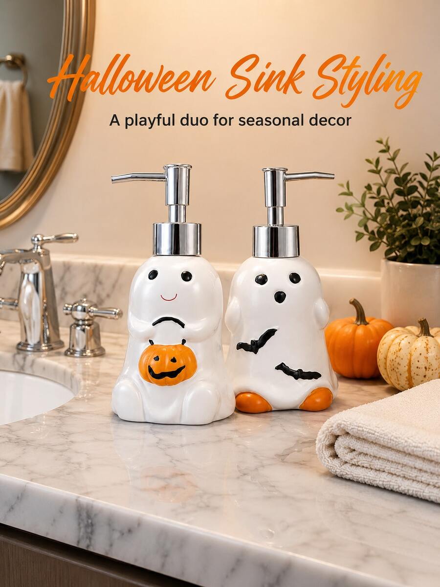 1pc Halloween Ghost Soap Dispenser, Cute Spooky Pump Bottle With Pumpkin And Bat Details, Refillable Liquid Hand Soap Lotion Dispenser For Bathroom Countertop Kitchen Sink, Fun Halloween Party Home Decor - Multicolor - View 1