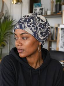 Skull Floral Printed Stretch Turban Cap, Soft Breathable Hair Wrap For Daily Wear & Halloween Party, Unique Holiday Gift For Women - Multicolor - View 5