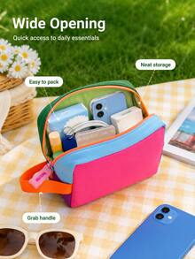 Colorblock Travel Organizer Bag, Cute Mini Zipper Storage Pouch With Handle, Portable Cosmetic Toiletry Bag, Multi-Purpose Travel Camping Dorm Bathroom Daily Storage Accessories Small Items Organizer Box - Multicolor - View 7