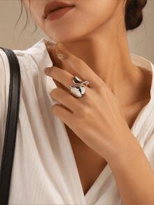 1pc Silver Asymmetrical Open Ring, Minimalist Handmade Large Ring, Suitable For Daily Wear - Silver - View 5