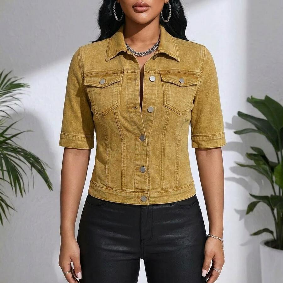 Quilted Casual Denim-Look Top For Evening Dates, Daily Wear, Vacation, Travel, All Seasons - Ginger - View 1