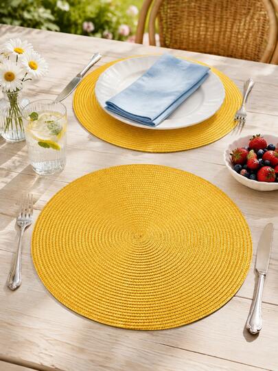 30/38cm Bright Yellow Plastic Hand-Woven Placemats, 12cm Coasters, Round Woven Placemats, Heat-Insulating, Decorative Placemats, Multiple Colors Available, Table Mats, Wrinkle-Resistant Placemats, Suitable For Birthday, Christmas, Halloween
