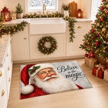 1pc Santa Claus Print Faux Wool Rug, Vintage Santa Portrait And "Believe In The Magic" Letter Pattern Carpet, Classic Holiday Winter Home Decor, Suitable For Entryway, Kitchen, Living Room, Bedroom - Multicolor - View 4
