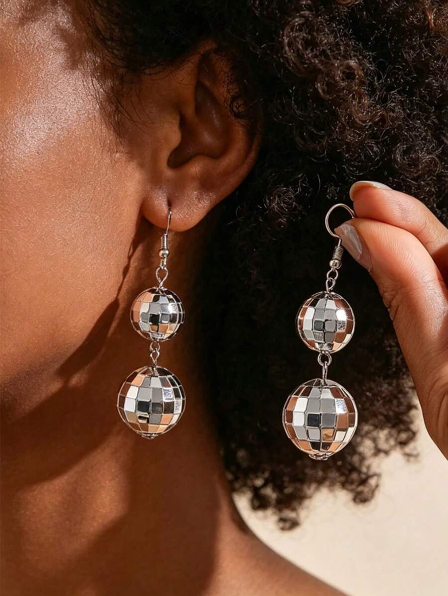 2pcs Disco Ball Earrings 70s American DISCO Gold & Silver Vintage Earrings - Silver - View 1