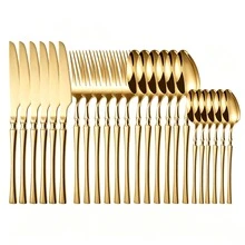 4/16/24pcs Stainless Steel Knife Fork Spoon Dessert Spoon Set, Suitable For Kitchen, Hotel, Wedding, Holiday Gift, Souvenir - Gold - View 9