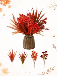 4pcs Artificial Fall Flowers With Vase, Autumn Faux Floral Arrangement With Orange & Red Blooms And Fern Leaves, Thanksgiving Table Centerpiece, Rustic Farmhouse Decor For Dining Table, Kitchen, Living Room & Home - Multicolor - View 1
