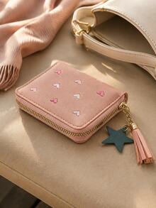 Women's Tassel Short Wallet, Cute Zipper Credit Card Holder, Fashionable Minimalist Heart Embroidery Wallet, Key Ring Wristlet, Back To School Gift - Multicolor - View 18
