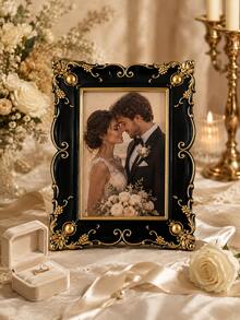 1pc Black Gold Baroque Picture Frame, Vintage Ornate European Style Photo Holder, Elegant Rectangular Tabletop Frame For Bedroom Living Room Desk Shelf Home Decor - New - View 3