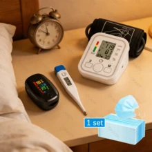 LÈRFM [MXBTG]1 set Kit de detección portátil: monitor de presión arterial, alimentado por batería o USB, con encendido de un solo botón y operación sencilla, la opción ideal para el hogar.Bp + oxímetro + termómetro + mascarilla - Modelo-1 - Ver 1