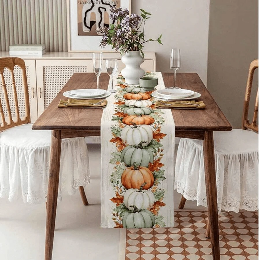 OBOVAY Christmas Pumpkin Table Runner, Fall Harvest Pumpkin Linen Table Runner, Pumpkin Printed Pattern, Reusable Table Centerpiece For Party, Christmas Home Decor, Fall Home Decoration, Thanksgiving Decor, Suitable For Kitchen, Dining Table, Living Room - Random Style - View 1