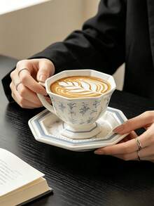 1 Set French Octagonal Lily Of The Valley Floral Cup And Saucer, Vintage Floral Milk Coffee Cup, Snack Dessert Cup And Saucer, Fruit Tableware Plate, Dessert Cup And Saucer, Suitable For Restaurant, Living Room, Cafe, Gift, Party - Blue - View 5