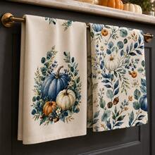 2/4/6/8pcs Kitchen Towels Set, Blue & White Pumpkin Eucalyptus Print Polyester Hand Towels, Watercolor Autumn Botanical Design, Farmhouse Fall Kitchen Decor, Thanksgiving Decorations - Multicolor - View 7