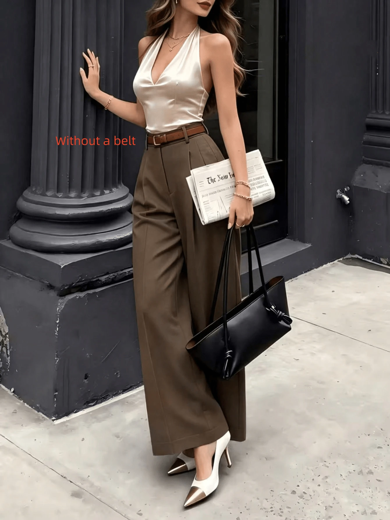 Women's Solid Color Pleated Casual Versatile Daily Wear Long Pants - Brown - View 1