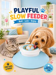1pc Pet Slow Feeder Bowl, Rotating Licking Ball Dog Licking Bowl, Cat & Dog Interactive Licking Toy, Yogurt & Snack Feeder, Cat And Dog Lick The Small Ball On The Disc To Rotate And Reveal Food Below, Dog Bowls, Pet Puzzle Slow Feeder Toy, Dog Supplies, Suitable For Training Puppy Licking Ability, Dog Stuff, Suitable For Cat & Dog Daily Feeding Interactive Training, Cat Stuff And Dog Accessories - Blue - View 2
