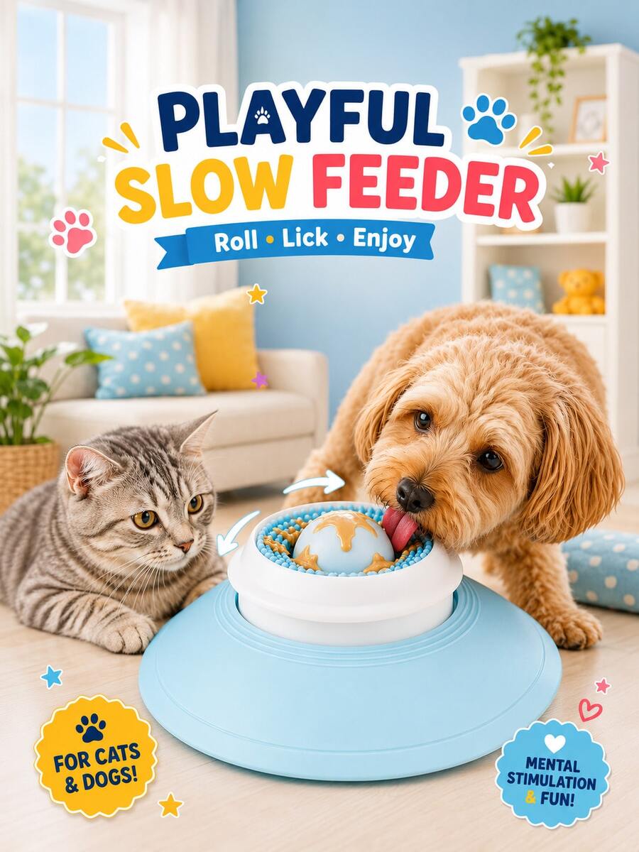 1pc Pet Slow Feeder Bowl, Rotating Licking Ball Dog Licking Bowl, Cat & Dog Interactive Licking Toy, Yogurt & Snack Feeder, Cat And Dog Lick The Small Ball On The Disc To Rotate And Reveal Food Below, Dog Bowls, Pet Puzzle Slow Feeder Toy, Dog Supplies, Suitable For Training Puppy Licking Ability, Dog Stuff, Suitable For Cat & Dog Daily Feeding Interactive Training, Cat Stuff And Dog Accessories