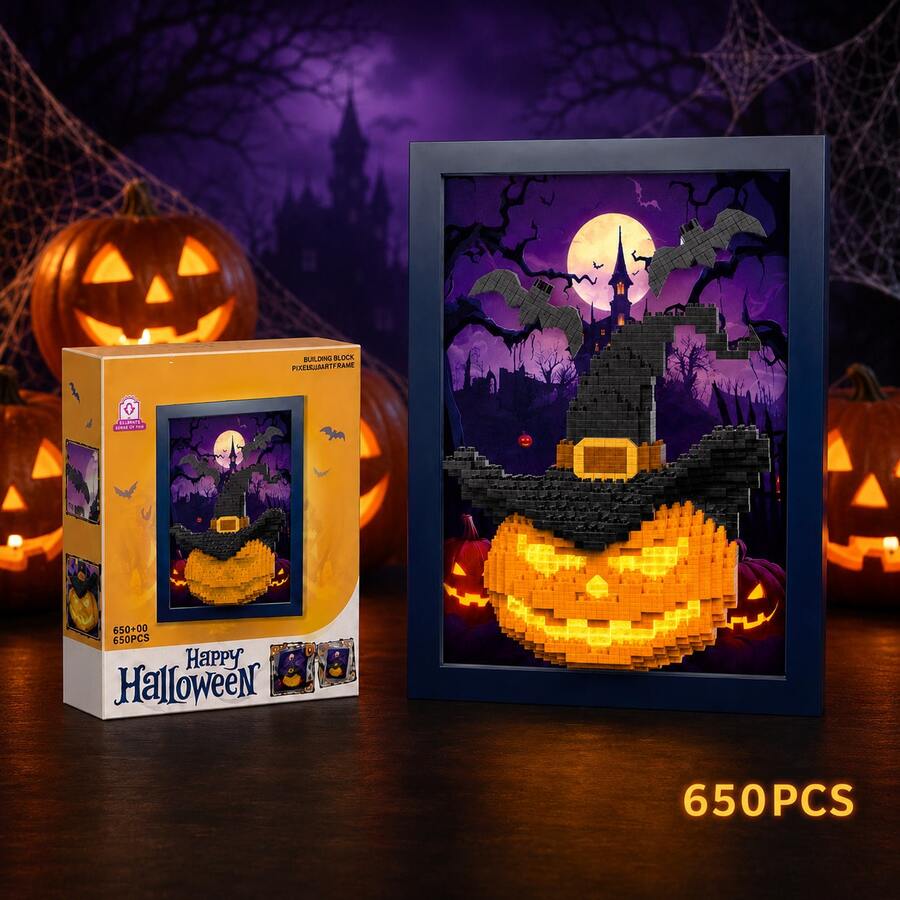 650pcs 3D Photo Frame, Featuring Halloween Pumpkin And Witch Hat; DIY Haunted House Model Kit With Small Bats. A Charming Decoration Suitable For Desk Or Wall, Perfect Halloween Craft Gift For Teens And Adults. - Multicolor - View 1