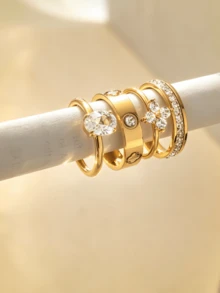 4pcs 18K Gold Plated Stainless Steel Ring Set, Stackable Rings, Clover Design, Ins Style, Waterproof Jewelry, Elegant Rings, Gemstone Rings, Gold Tone Jewelry Set, Exquisite Gift - Gold - View 2