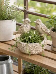 Bird-Shaped Planter, Suitable For Outdoor Indoor Garden Decor, 2 Bird Relief Planter Bowl, Yard Lawn Balcony Tabletop Plant Container, Sold Individually, Home Garden Housewarming Gift - Double Bird Flower Pot Bowl - View 2