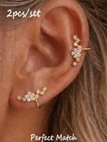 2 buah Anting Jepit Stainless Steel Berhiaskan Zirkonia, Cocok untuk Pemakaian Sehari-hari dan Pesta Wanita, Hadiah - Geometri A - View 17
