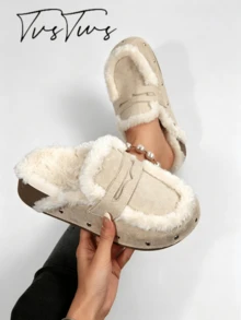 Women's Cute New Loafer Style Plush Trim Thermal Lined Mule Shoes, Rivet Thick Platform Wedge Heel Round Toe Closed Toe Slippers - Apricot - View 3