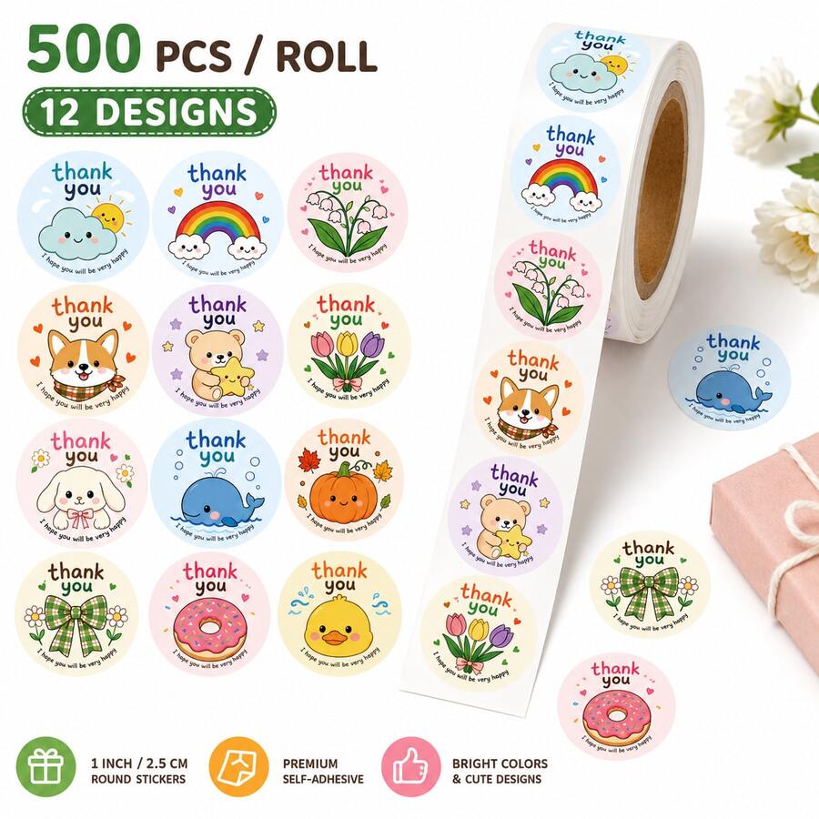 500pcs/Roll Cartoon Animal Thank You Doodle Stickers, 1 Inch Round, 12 ...