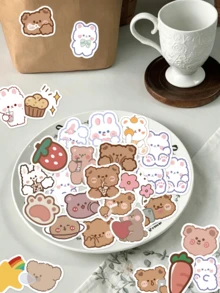 90pcs Cartoon Bear And Rabbit Stickers, Cute Fresh Pattern, Suitable For Decorating Water Bottles, Phone Cases, Scrapbooks, Notebooks, Skateboards, Helmets, Guitars, Etc., Multi-Purpose Decorative Stickers, DIY Gift Packaging Materials, Birthday Gifts - Multicolor - View 7