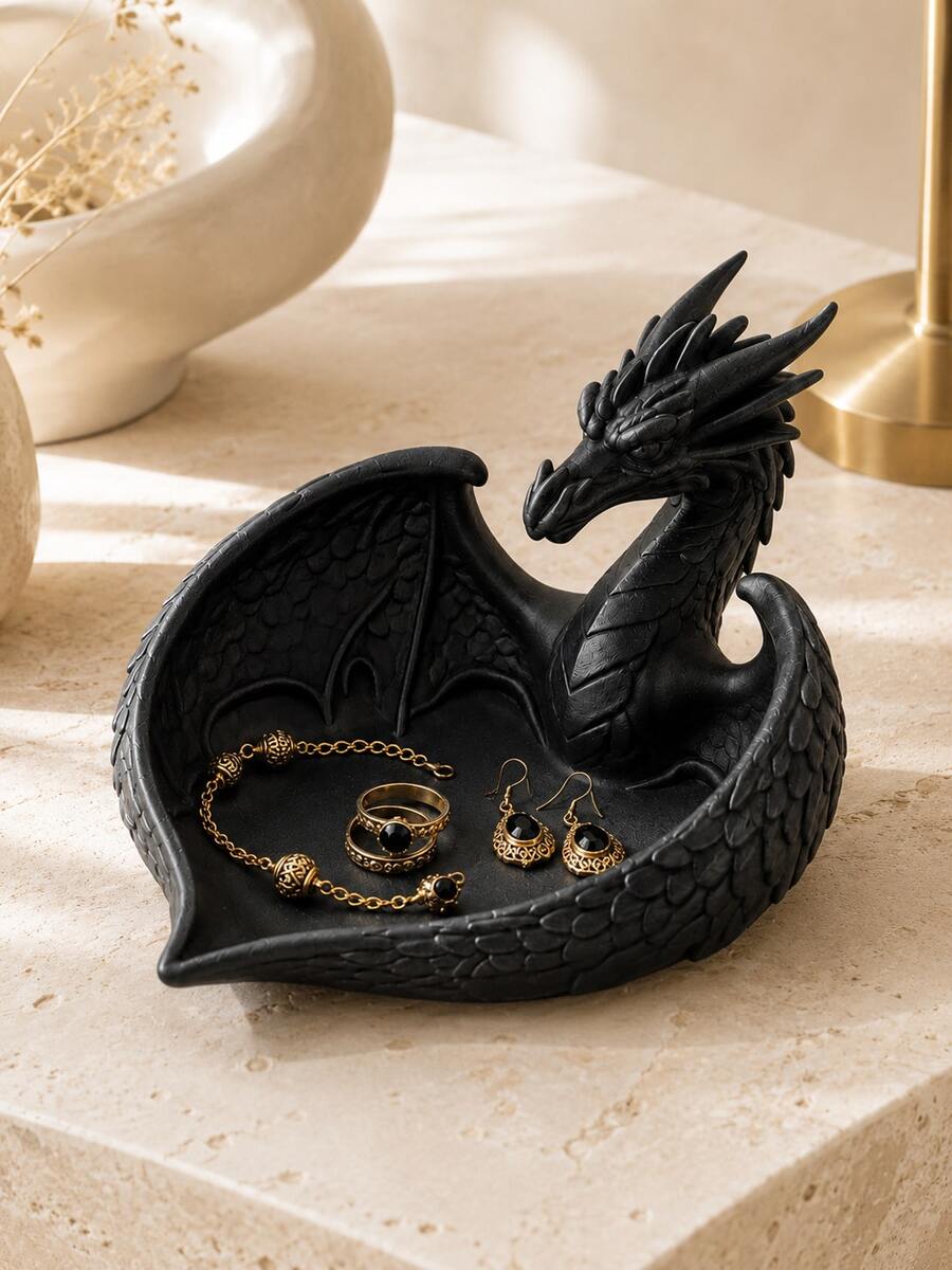 1pc Fantasy Dragon Decorative Jewelry Tray, Unique Ring Earring Necklace Storage Organizer Box, Suitable For Vanity Bedroom Desktop, Eye-Catching Home Decor Gift, Wedding Bridesmaid Gift, Room Decor, Jewelry Storage, Home Decor, Bathroom Decor - Multicolor - View 1