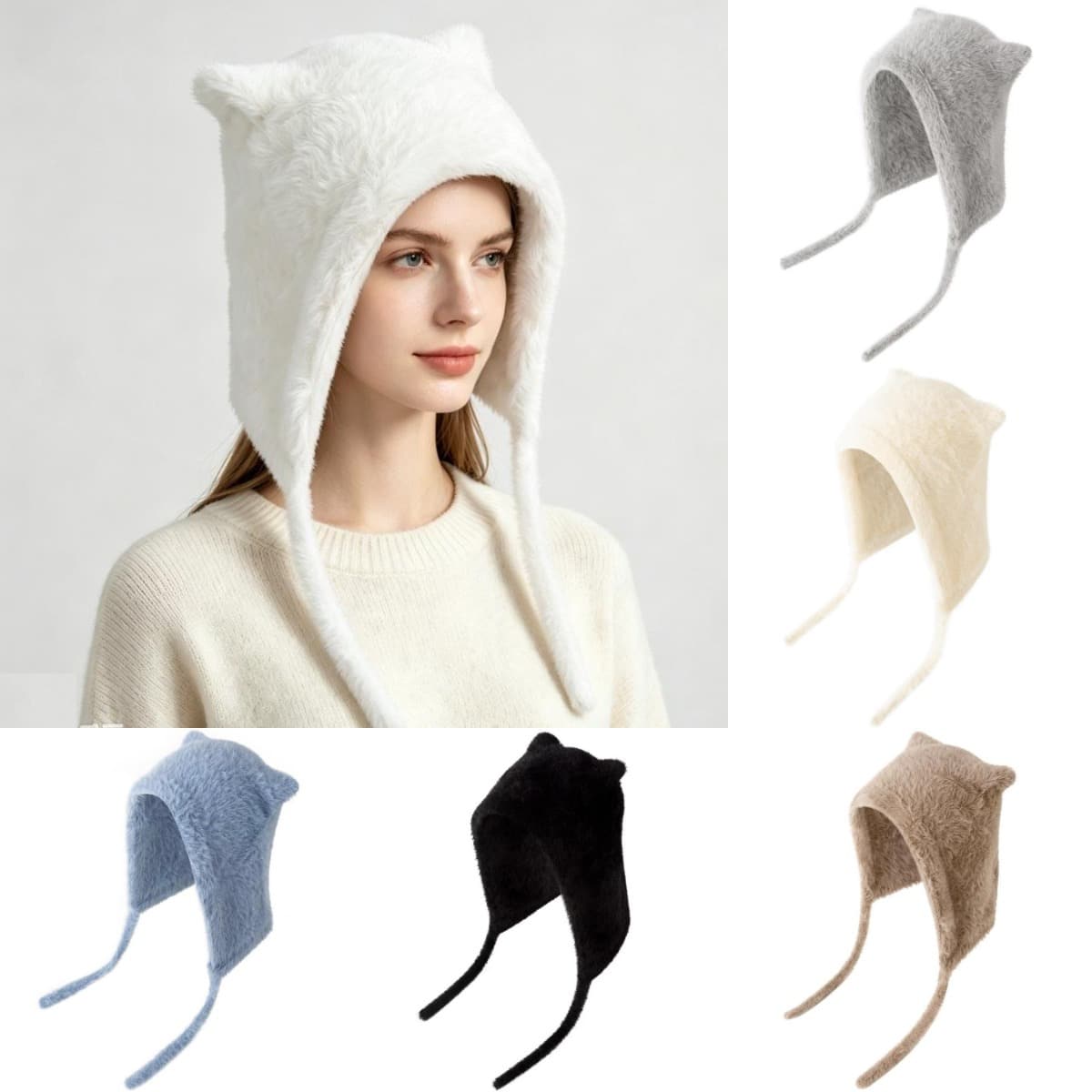 Women's Plush Cat Ear Knitted Beanie, Cute Winter Warm Ear Protection Hat, Suitable For Women And Children - Mink Fur Earmuffs - View 1