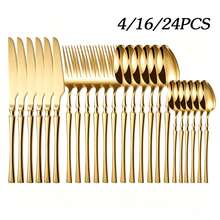 4/16/24pcs Stainless Steel Knife Fork Spoon Dessert Spoon Set, Suitable For Kitchen, Hotel, Wedding, Holiday Gift, Souvenir - Gold - View 1