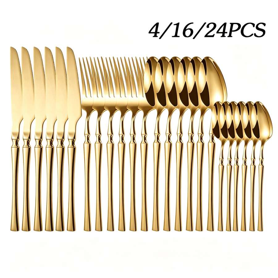 4/16/24pcs Stainless Steel Knife Fork Spoon Dessert Spoon Set, Suitable For Kitchen, Hotel, Wedding, Holiday Gift, Souvenir - Gold - View 1