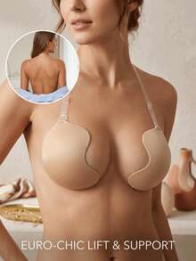 1pc Women's New Halter Mango Cup Bra, Dual-Use Self-Adhesive Bra, Invisible Halter Strap, Front Closure Design, Suitable For Swimwear And Deep V-Neck Outfits - Apricot - View 1