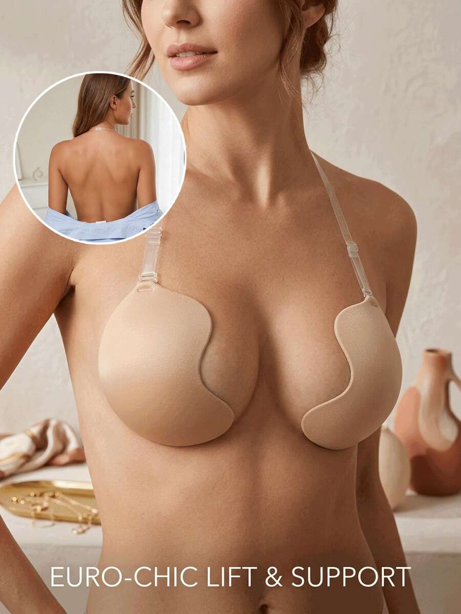 1pc Women's New Halter Mango Cup Bra, Dual-Use Self-Adhesive Bra, Invisible Halter Strap, Front Closure Design, Suitable For Swimwear And Deep V-Neck Outfits - Apricot - View 1