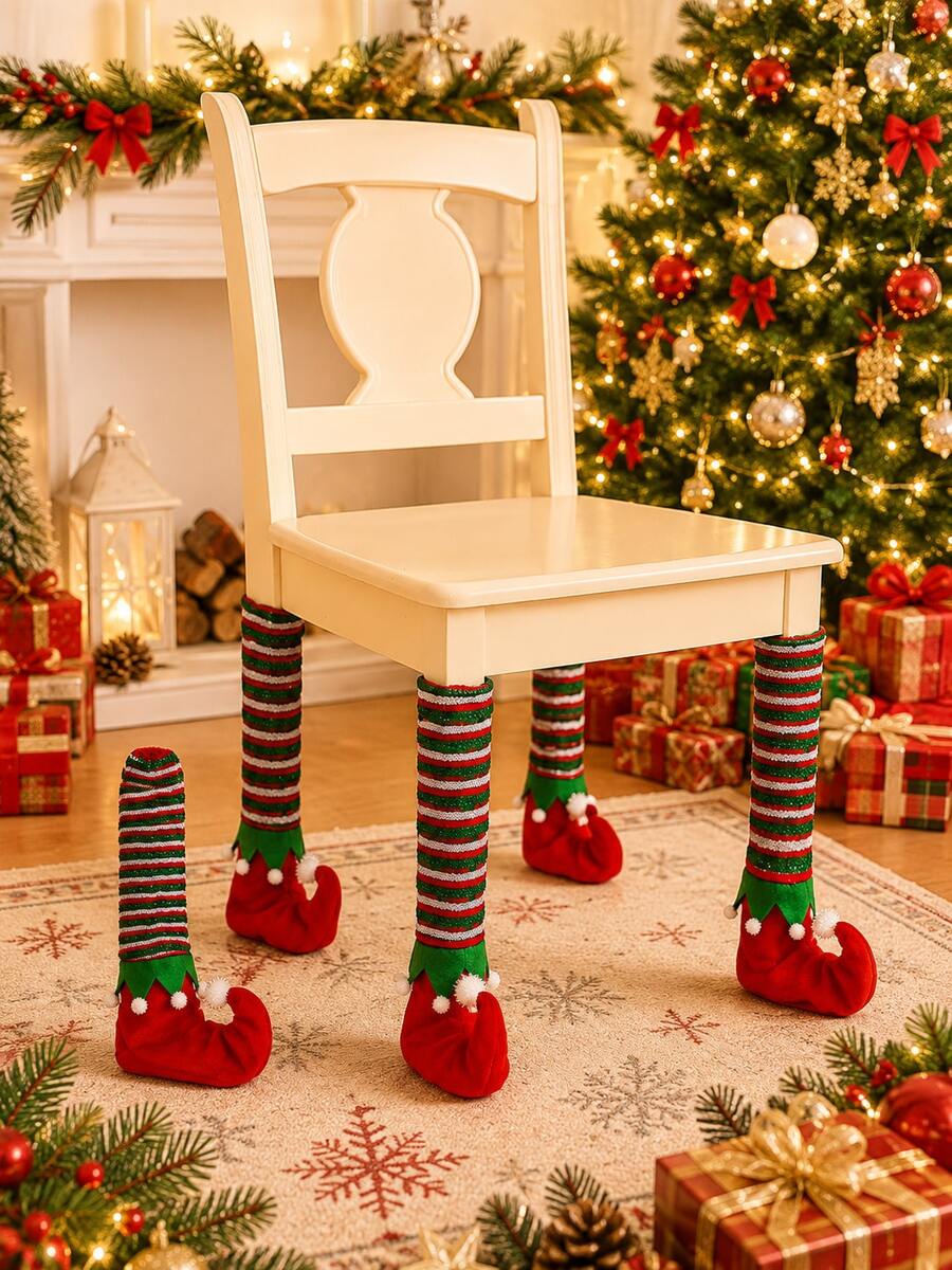 Christmas Elf Chair Leg Covers, Red & Green Striped Elf Shoe Furniture Socks, Christmas Table & Chair Leg Decor, Christmas Holiday Party Decoration, Suitable For Dining Room, Kitchen, Dining Table, Home Winter Decor - Multiple Styles - View 1