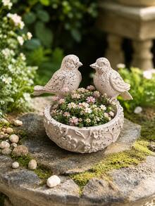 Bird-Shaped Planter, Suitable For Outdoor Indoor Garden Decor, 2 Bird Relief Planter Bowl, Yard Lawn Balcony Tabletop Plant Container, Sold Individually, Home Garden Housewarming Gift - Double Bird Flower Pot Bowl - View 7