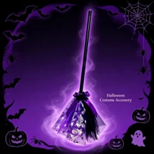 Halloween Witch Broom Decoration, Black & Purple Spider Web Ribbon Broom, Scary Halloween Party Prop, Home Decor - Multicolor - View 4