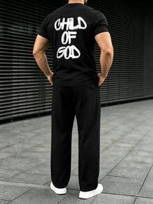 Men's Letter Print Crew Neck Short Sleeve T-Shirt And Loose Straight Leg Pants With Pockets Set - Black - View 4