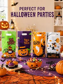 10pcs 4 Random Assorted Reusable Halloween Candy Gift Bags With Handles, Pumpkin Ghost Witch Spider Spooky Patterns, Suitable For Trick Or Treat Party, Haunted House Event And Holiday Favor Packaging - Multicolor - View 3
