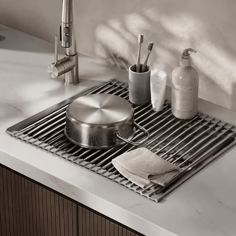 1pc Metal Foldable Drain Rack, Aluminum Alloy Dish Drying Rack, Suitable For Kitchen Sink - Food , Space-Saving Water Filter And Dishwasher Drainer With Roll-Up Design, Perfect For Fruit And Vegetable Washing, Sink-Top Dish Drying Rack