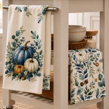 2/4/6/8pcs Kitchen Towels Set, Blue & White Pumpkin Eucalyptus Print Polyester Hand Towels, Watercolor Autumn Botanical Design, Farmhouse Fall Kitchen Decor, Thanksgiving Decorations - Multicolor - View 5