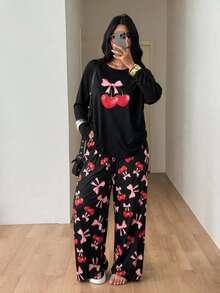 Women's Autumn/Winter Long Sleeve Long Pants Pajama Set, 2-Piece, Plus Size Loungewear Set - Black - View 3