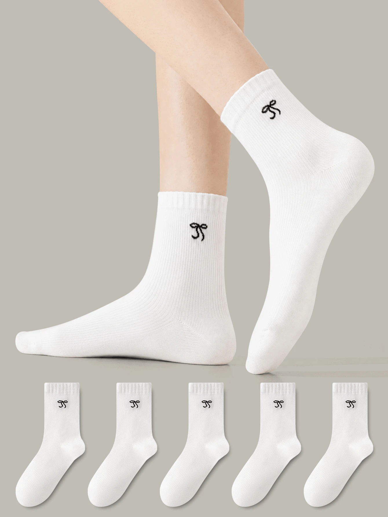 ZUJO 1/5 Pairs Women's Pure White Vertical Ribbed Bow Mid-Calf Socks, Comfortable, Moisture-Wicking, Breathable, Classic Versatile For Daily Casual Wear, Suitable For Spring, Autumn And Winter - White - View 1