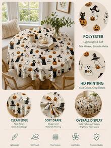 1pc Halloween Round Tablecloth, Cute Ghost Black Cat Pumpkin And Witch Hat Print Table Cover, Autumn Halloween Party Kitchen Dining Room Decoration - Multicolor - View 4