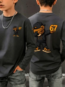 Tween Boy Casual Fun Print Crew Neck Pullover Long Sleeve T-Shirt, Autumn/Winter Top - Dark Grey - View 1