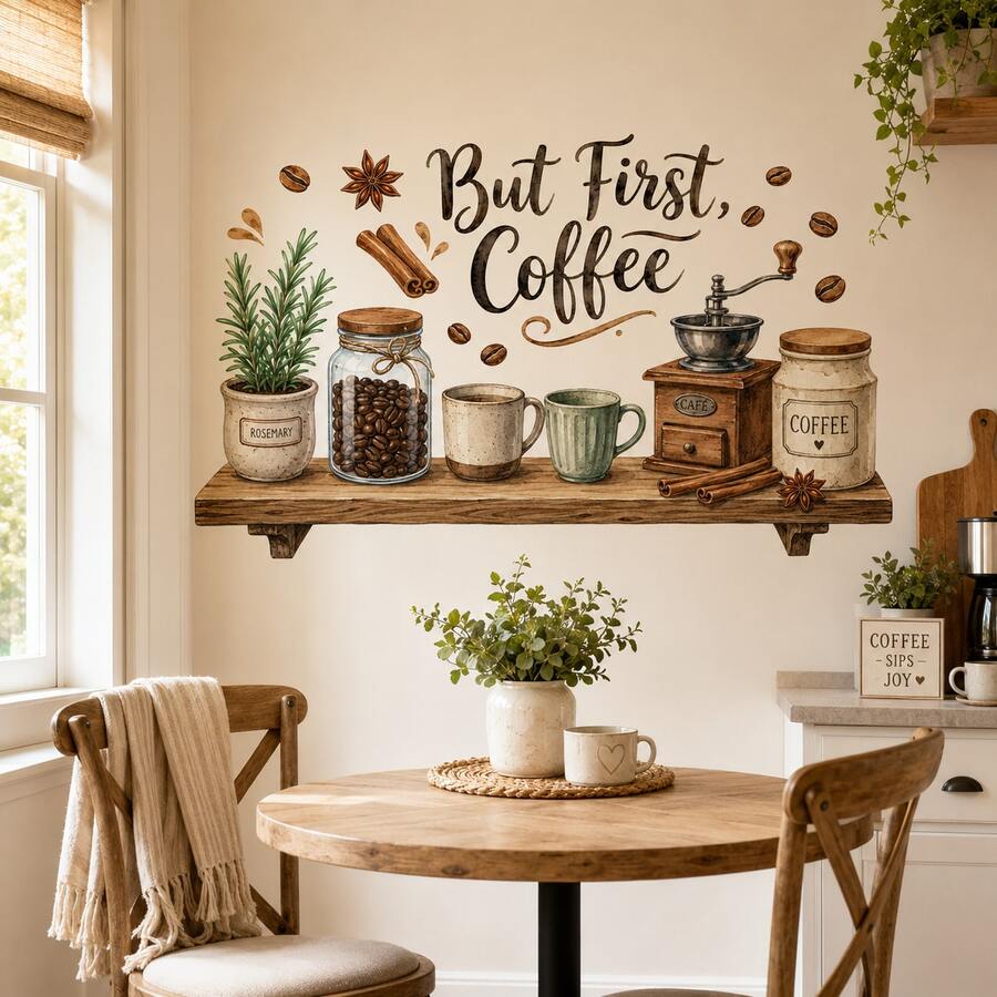 But First, Coffee Kitchen Wall Sticker, Vintage Coffee Grinder, Coffee Beans, Mugs, Rosemary & Cinnamon Wall Decal, Removable Self-Adhesive Rustic Coffee Bar Wall Art For Kitchen, Dining Room, Cafe & Home Decor - HG33 - View 1