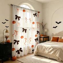 2 Stücke Thanksgiving Herbst Kürbis Schleife Muster transparente Vorhänge, Wohnzimmer Schlafzimmer Fenster Vorhänge, Stangendurchzug Polyester, Heimdekoration - Verschiedenfarbig - Übersicht 7