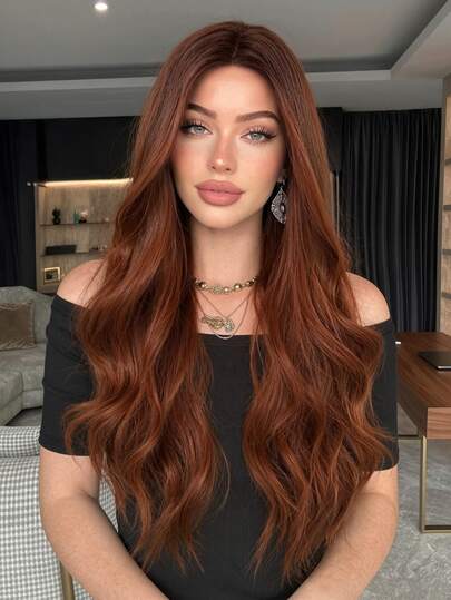 Orange Brown Wig, Middle Part, 26 Inch Long, Copper Red Curly Wig, Women's Long Reddish Brown Wig, Heat Resistant Natural Synthetic Wig, Suitable For Daily Wear, Party And Halloween Occasions.