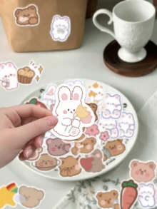 90pcs Cartoon Bear And Rabbit Stickers, Cute Fresh Pattern, Suitable For Decorating Water Bottles, Phone Cases, Scrapbooks, Notebooks, Skateboards, Helmets, Guitars, Etc., Multi-Purpose Decorative Stickers, DIY Gift Packaging Materials, Birthday Gifts - Multicolor - View 4