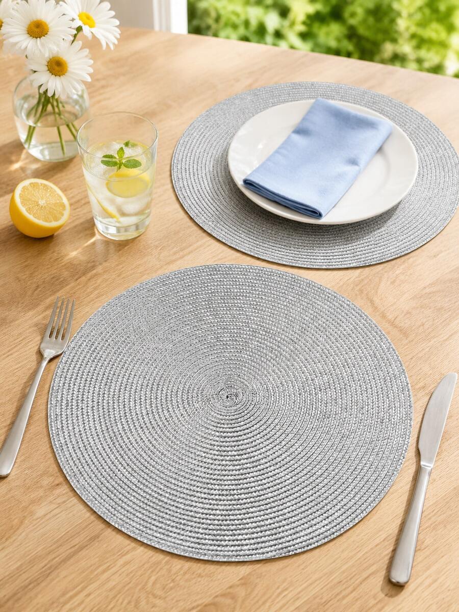 30/38cm Light Gray Plastic Hand-Woven Placemat, 12cm Coaster, Round Woven Placemat, Heat-Insulating, Decorative Placemat, Multiple Colors Available, Table Mat, Wrinkle-Resistant Placemat, Suitable For Birthday, Christmas, Halloween