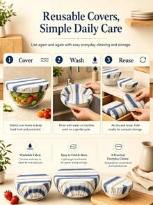 1pc Reusable Bowl Covers Striped Cotton Linen Fabric Elastic Bowl Lid Reusable Food Storage Covers For Salad Bowls Containers Kitchen Food Preservation Dustproof Bowl Wraps 5 Sizes Available - Multicolor - View 7