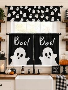 3件組 Boo 幽靈萬聖節廚房窗簾套裝，黑白卡通靈魂印花分層窗簾面板含帷幔，適用農舍風格窗戶與恐怖派對裝飾 - F - 查看 5